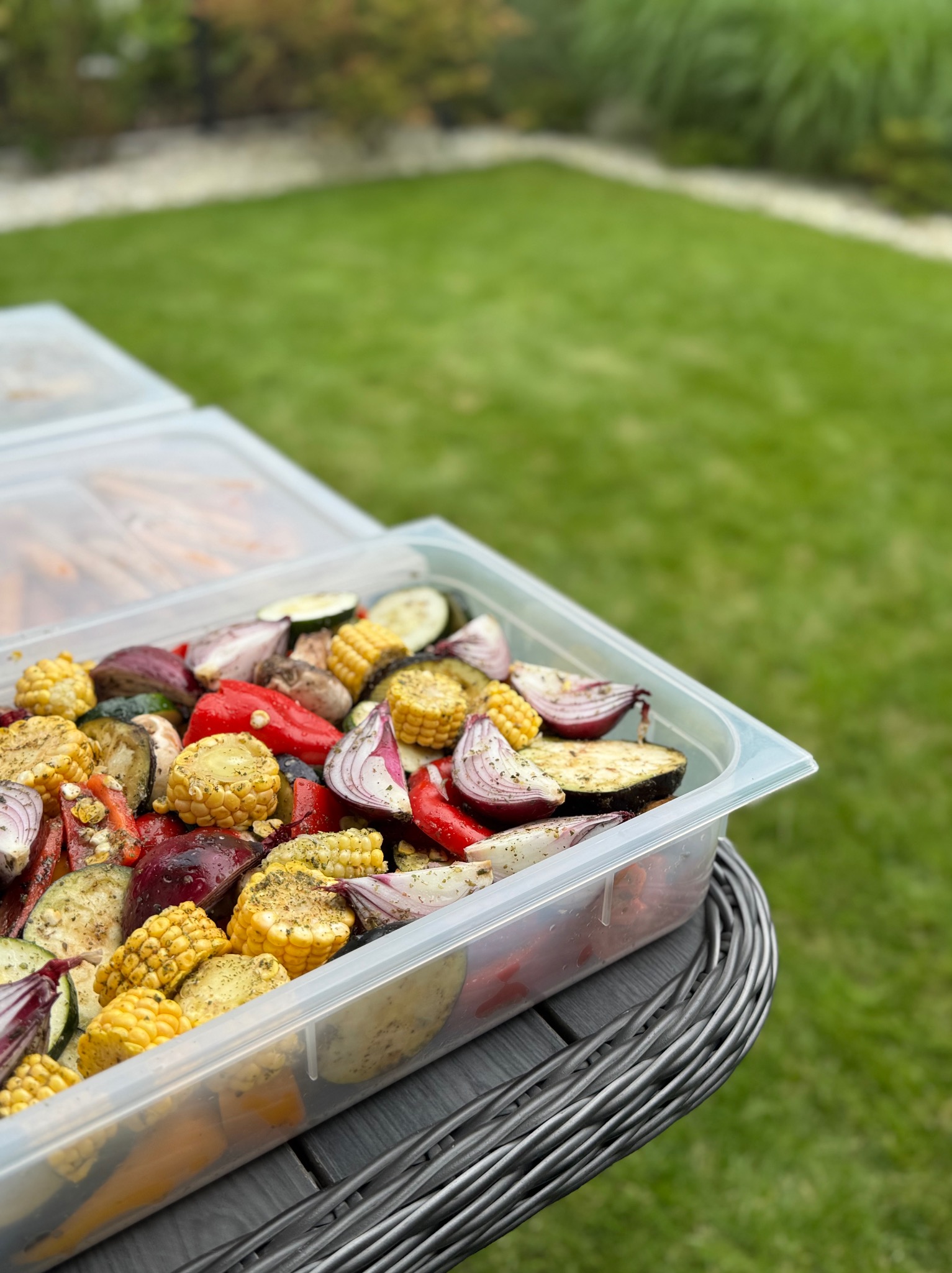 Plastikowy pojemnik pełen grillowanych warzyw (kukurydza, papryka, bakłażan, cebula) na tle zielonego trawnika, sugerujący catering plenerowy.