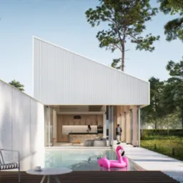 Wizualizacja nowoczesnego domu z basenem, biała elewacja z pionowymi panelami, wnętrze z drewnianą kuchnią widoczne przez otwarte przeszklenie, różowy flaming w basenie, dziecko w żółtej kurtce...