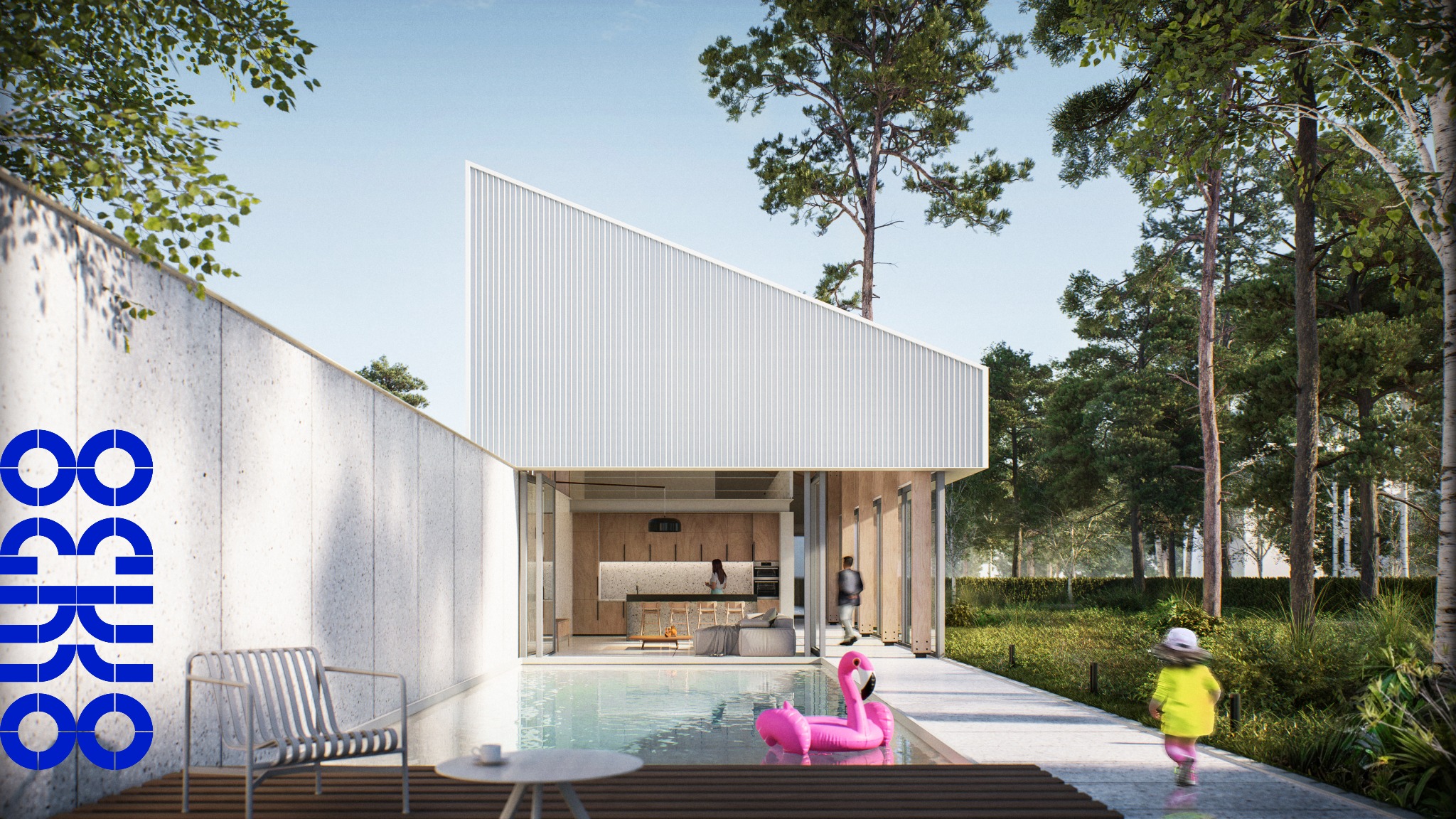 Wizualizacja nowoczesnego domu z basenem, biała elewacja z pionowymi panelami, wnętrze z drewnianą kuchnią widoczne przez otwarte przeszklenie, różowy flaming w basenie, dziecko w żółtej kurtce...