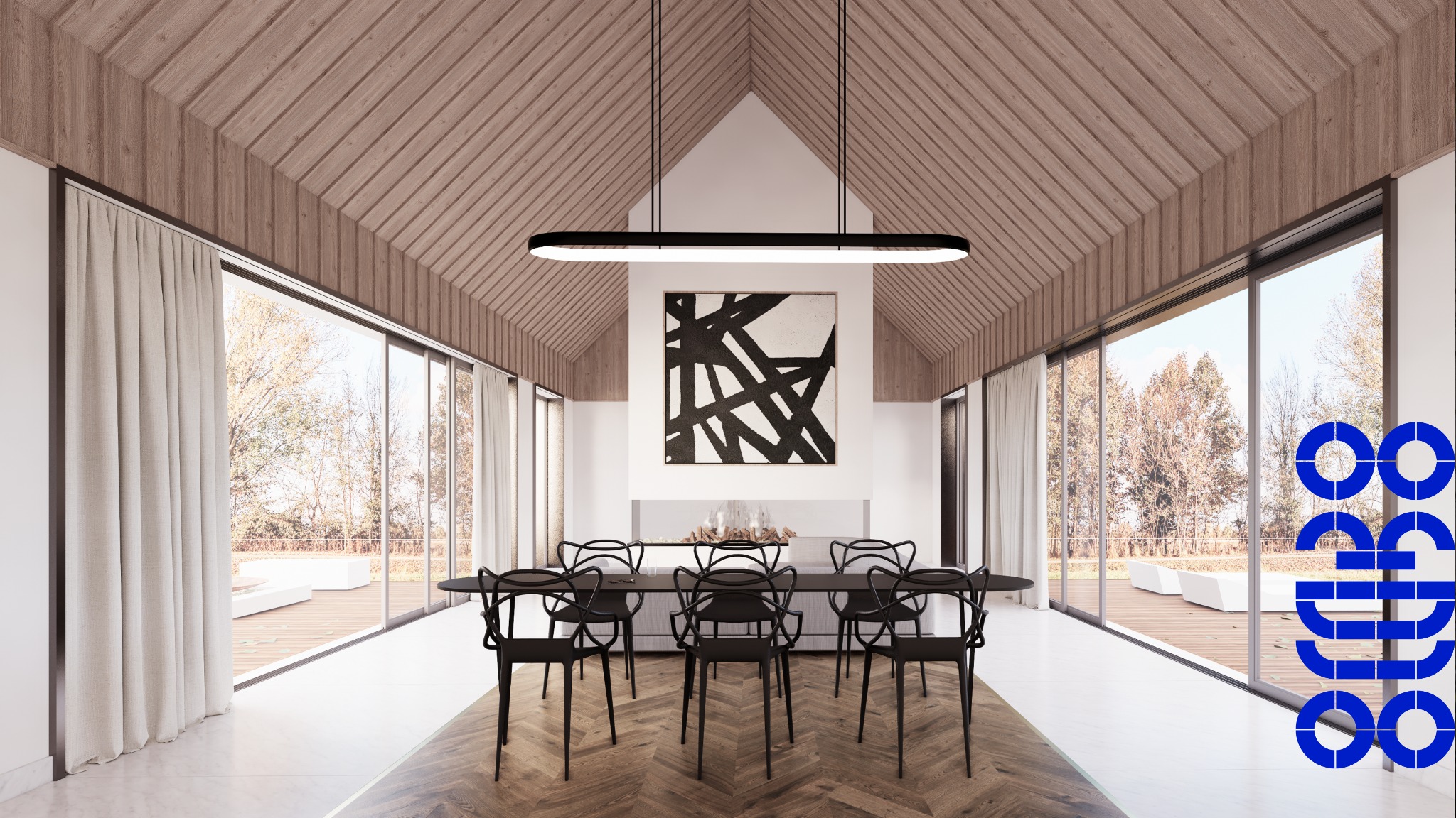 Jadalnia w nowoczesnym domu z drewnianym stropem, dużymi oknami z widokiem na zewnątrz i minimalistycznym oświetleniem nad czarnym stołem z krzesłami.