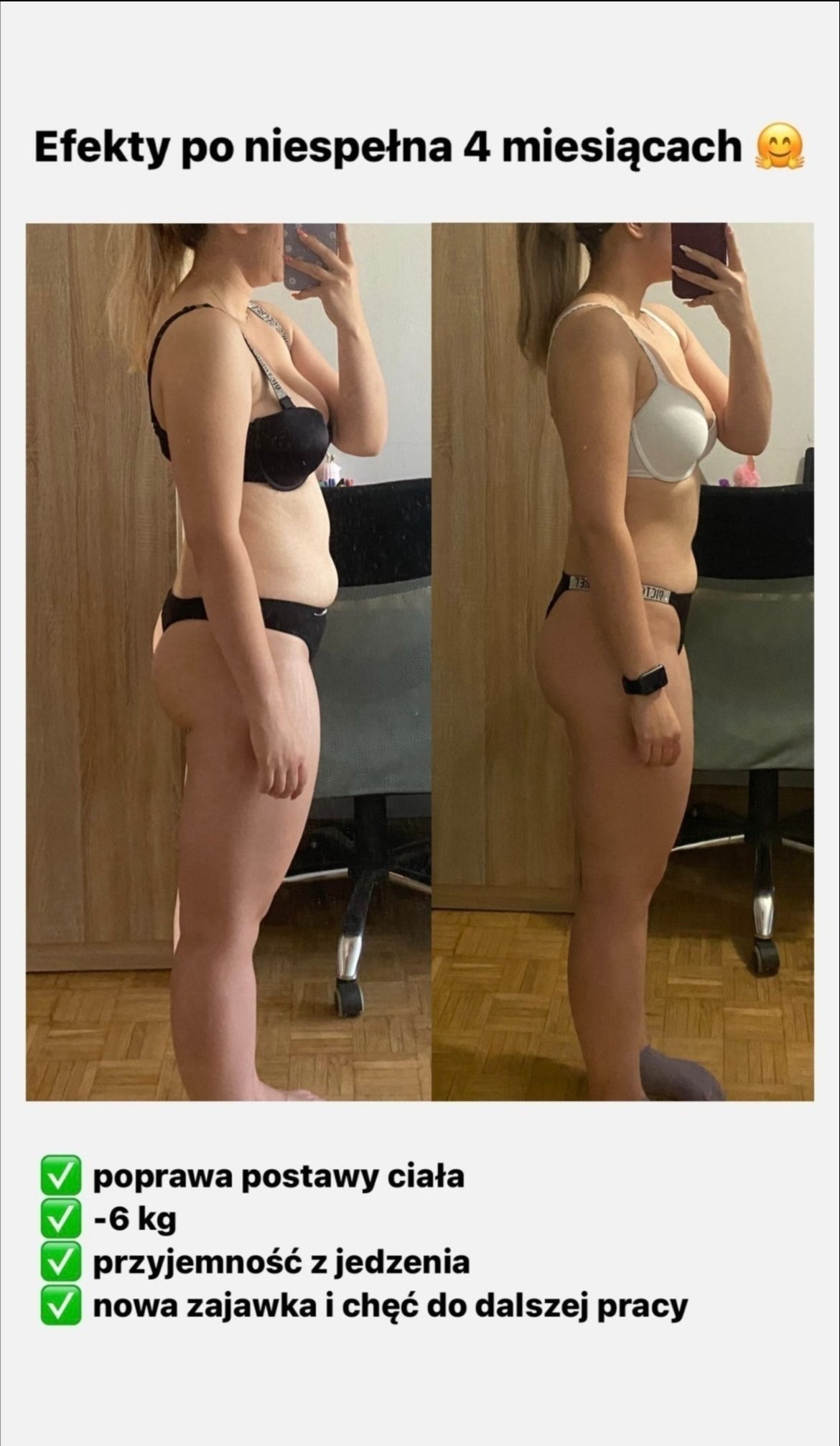 Porównanie sylwetki kobiety przed i po 4 miesiącach, widok z profilu, widoczna poprawa postawy i utrata wagi, na dole zdjęcia informacja o poprawie postawy, utracie 6kg i przyjemności z jedzenia.