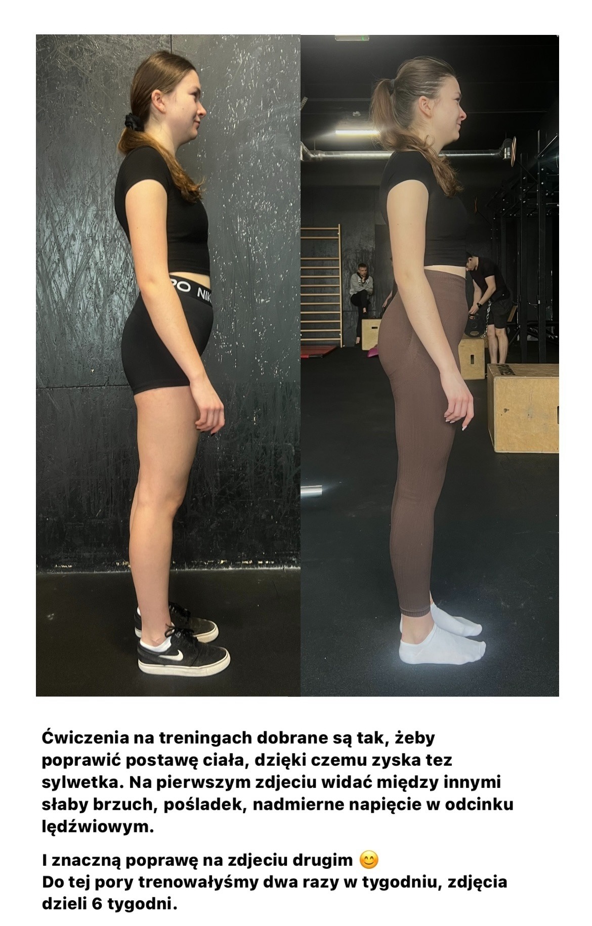 Kolaż przedstawiający sylwetkę kobiety przed i po treningach, ukazujący zmiany w postawie i napięciu mięśni, widoczne na tle szarej ściany w siłowni.