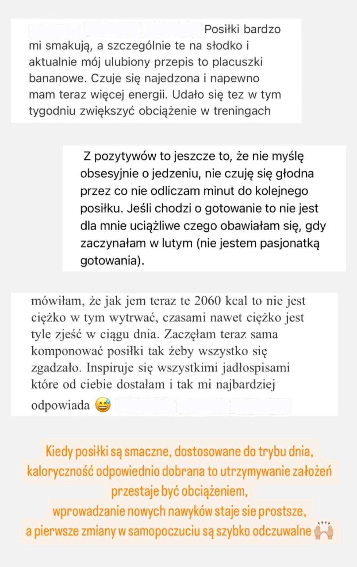 Zrzut ekranu czatu z pozytywną opinią na temat planu żywieniowego, wspomniane placki bananowe i zwiększenie obciążenia treningowego.