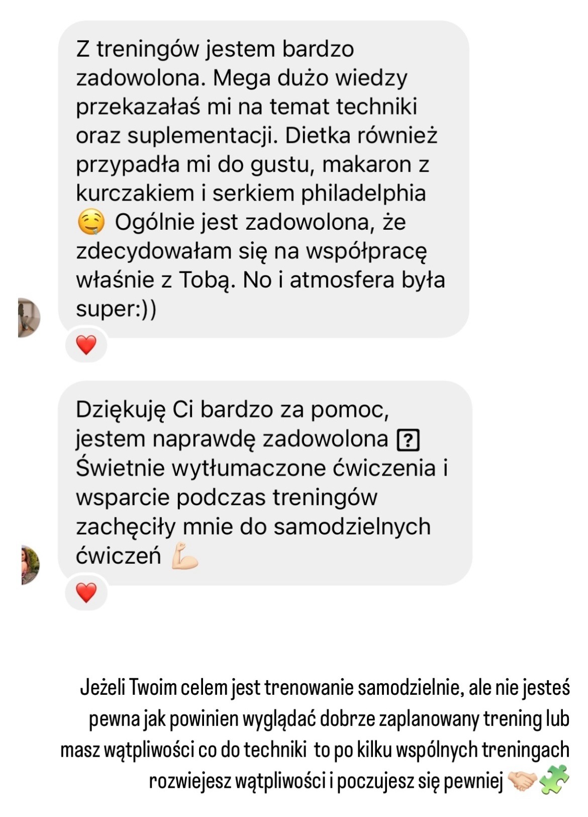 Zrzut ekranu z pozytywnymi opiniami klientek na temat treningów i diet, wspomniane techniki, suplementacja, makaron z kurczakiem i serkiem philadelphia.