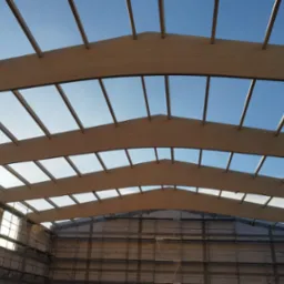 Konstrukcja dachu z drewnianych belek z widocznymi elementami szalunku i rusztowania, na tle jasnego, błękitnego nieba.