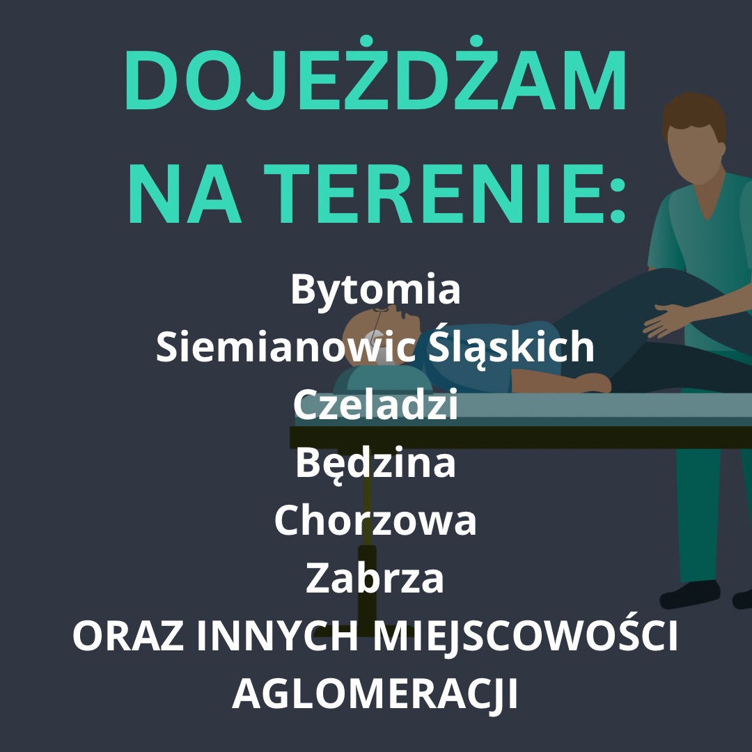 Grafika przedstawia osobę leżącą na leżance, której noga jest podtrzymywana przez drugą osobę w uniformie, obok znajduje się lista miast: Bytom, Siemianowice Śląskie, Czeladź, Będzin, Chorzów...