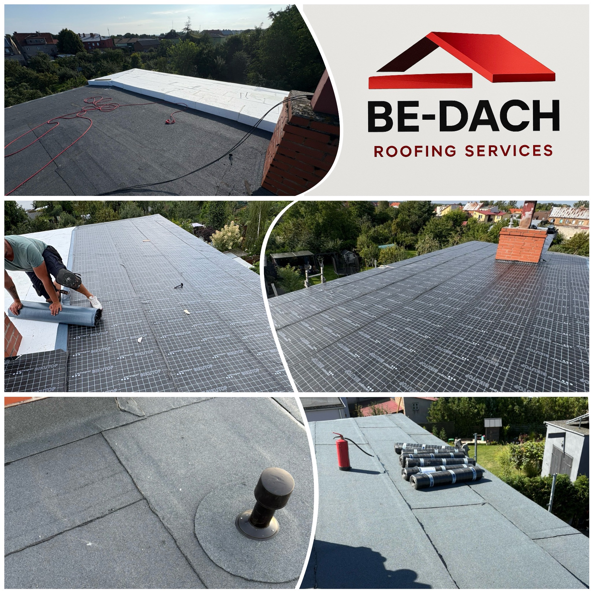 Montaż izolacji dachu płaskiego z papy termozgrzewalnej. Widoczne rolki papy, palnik i częściowo ułożona izolacja. Prace dekarskie w toku, widok z góry.