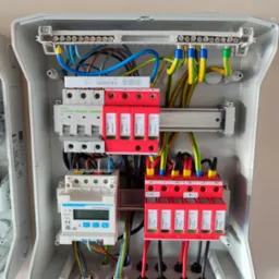 Otwarta skrzynka rozdzielcza z zainstalowanymi zabezpieczeniami przeciwprzepięciowymi DEHNguard, wyłącznikiem różnicowoprądowym Noark Ex9BN B20 i licznikiem energii Smart Power Sensor, widoczne...