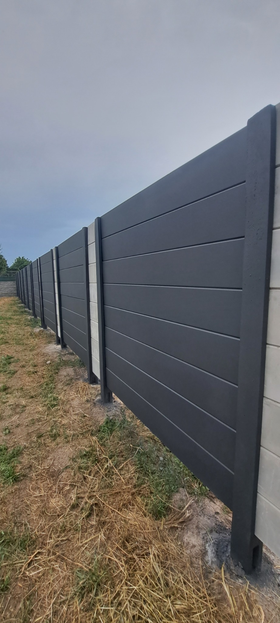 Nowoczesne ogrodzenie z paneli w kolorze antracytowym, z betonowymi słupkami, widoczne z boku, z suchą trawą u podstawy.
