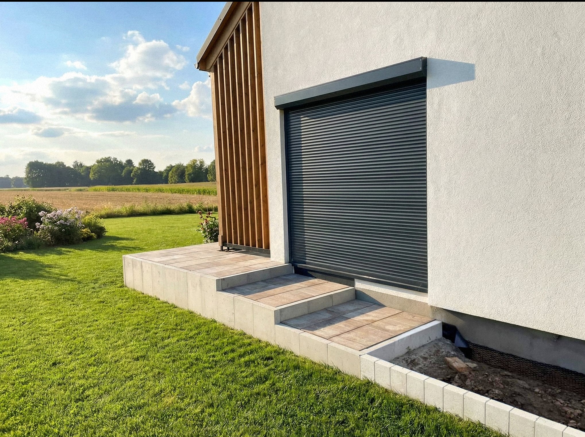 Nowoczesny taras z kostki brukowej w odcieniach beżu, prowadzący do budynku z szarą roletą. Widok na zielony trawnik i polne kwiaty w tle.