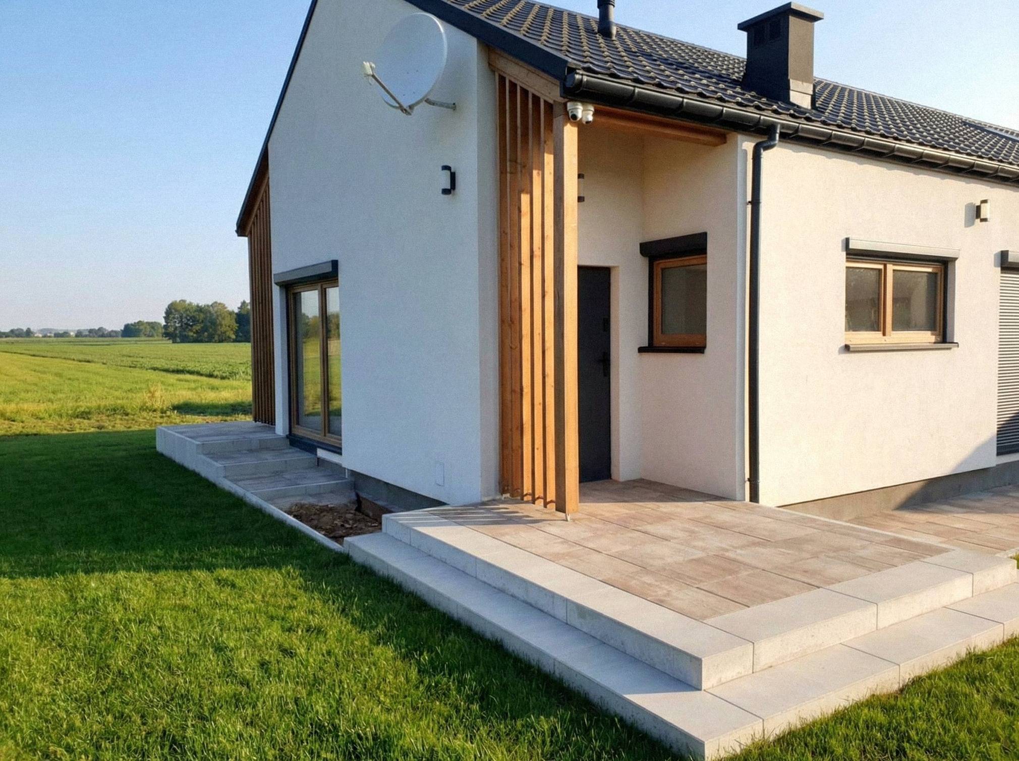 Nowoczesny dom z tarasem wyłożonym jasną kostką, schody z kostki, zielony trawnik i pola w tle. Minimalistyczny design, jasna elewacja, drewniane elementy.