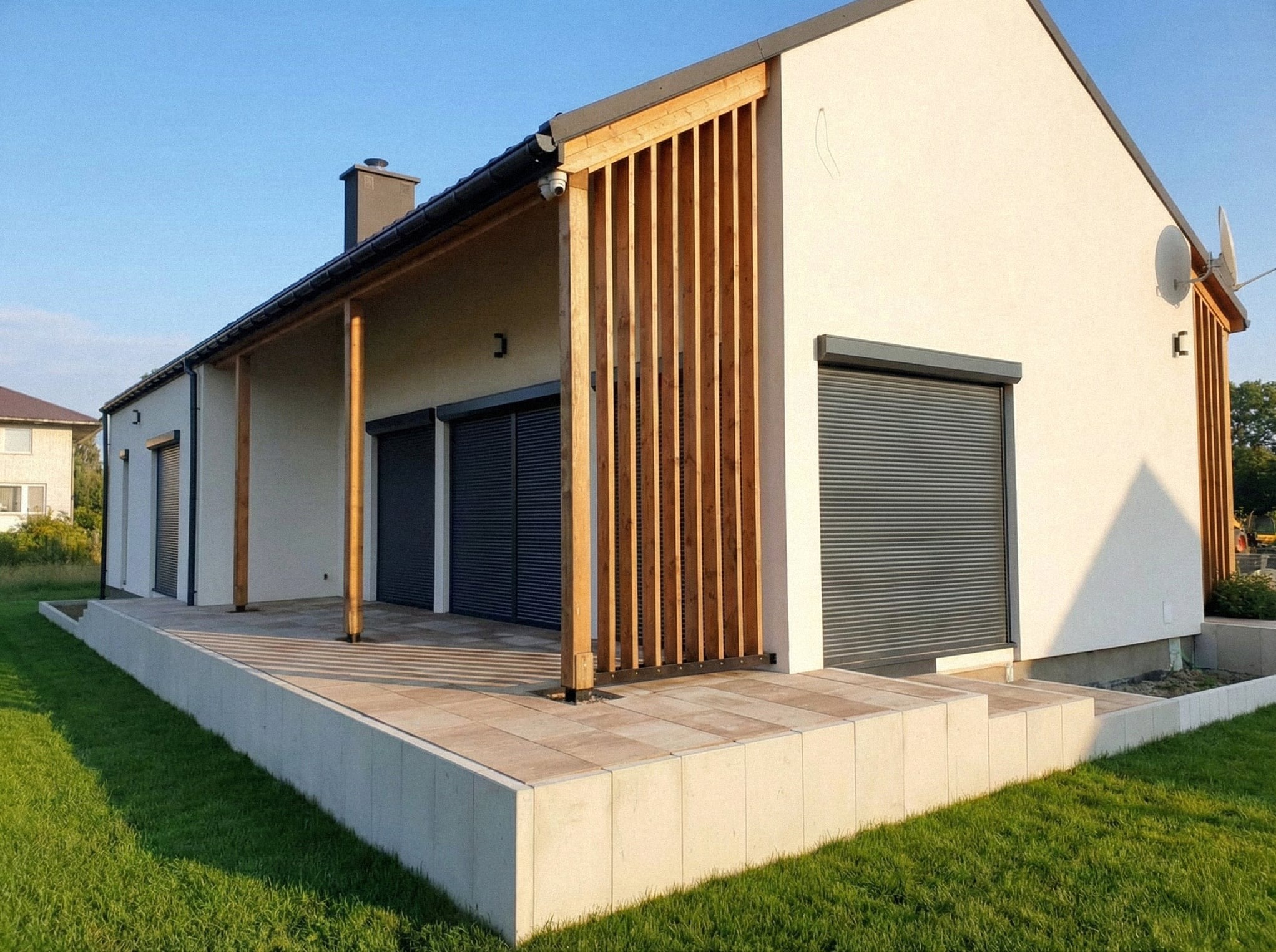 Nowoczesny taras z kostki brukowej w odcieniach beżu, otoczony zielonym trawnikiem, przylegający do jasnego domu z drewnianymi elementami i szarymi roletami.