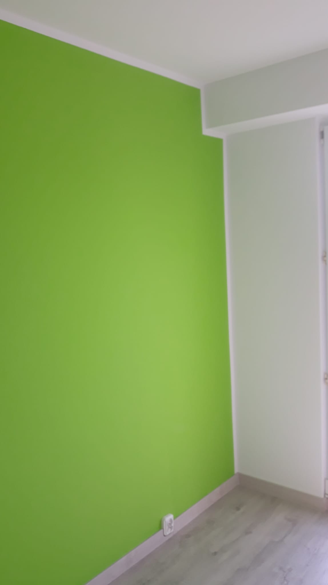 Ściana w odcieniu zieleni po malowaniu, widoczna listwa przypodłogowa i gniazdko elektryczne, fragment podłogi z paneli.