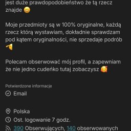 Cat Dealer Store - Zrzut ekranu profilu sprzedażowego z informacjami o oryginalności przedmiotów, potwierdzonym adresem email, lokalizacją w Polsce oraz statystykami obserwujących i obserwowanych.