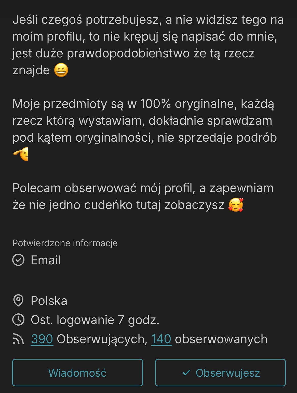 Zrzut ekranu profilu sprzedażowego z informacjami o oryginalności przedmiotów, potwierdzonym adresem email, lokalizacją w Polsce oraz statystykami obserwujących i obserwowanych.