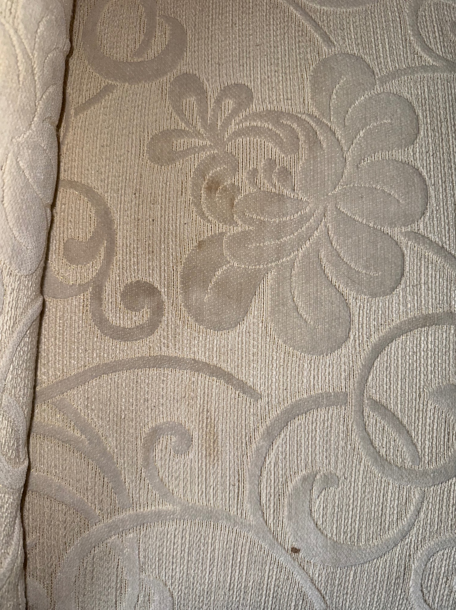 Beżowa tapicerka sofy z kwiatowym wzorem, widoczne niewielkie plamy. Fragment boku sofy po lewej stronie kadru. Tekstura materiału z bliska.