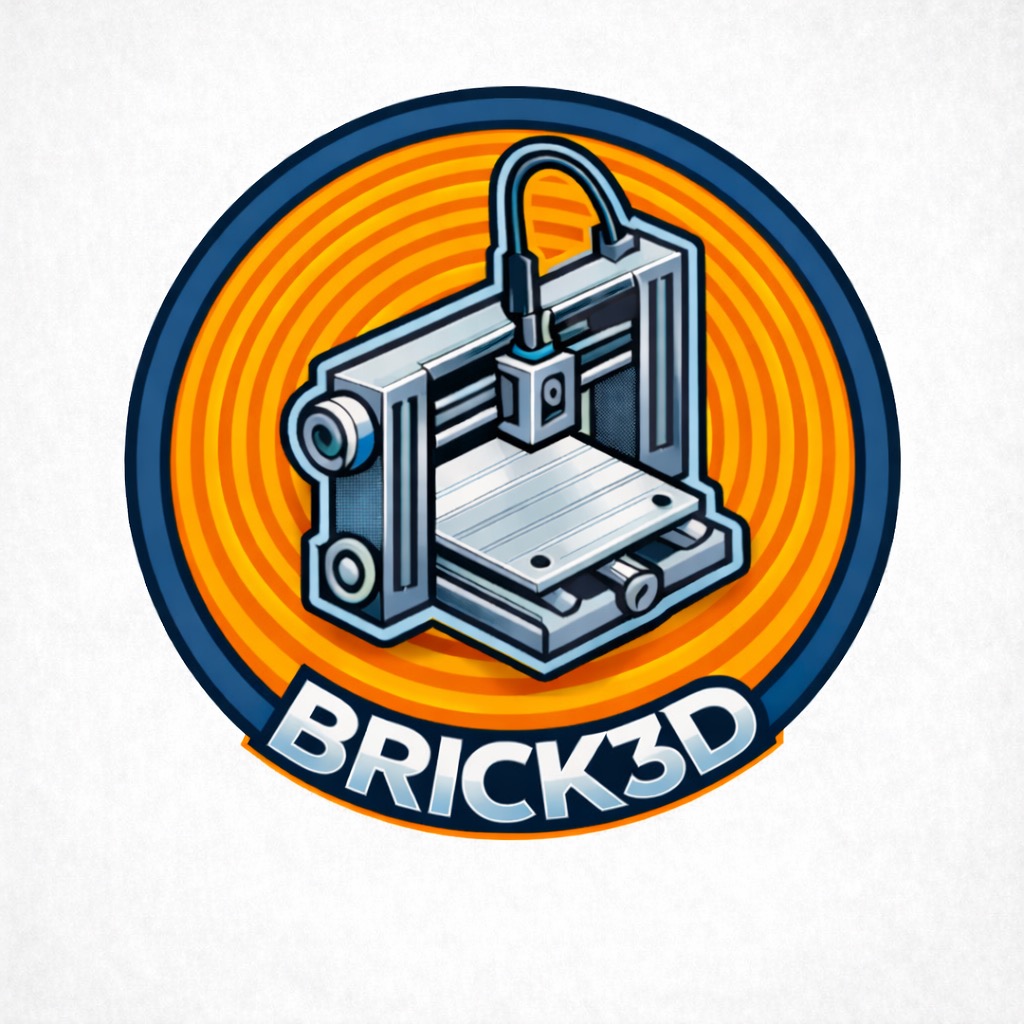 Ilustracja 3D drukarki w okręgu z nazwą 'BRICK3D'. Grafika w stylu cartoon, z gradientami i wyraźnymi konturami, na jasnym tle.