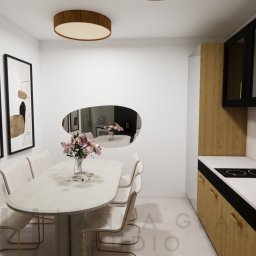 RWH Renovation Without Headache Anna Głąbowska STUDIO - Wizualizacja wnętrza jadalni z aneksem kuchennym: stół z kwiatami, krzesła z jasną tapicerką, abstrakcyjne obrazy na ścianie, kuchnia z drewnianymi frontami i czarnymi szafkami wiszącymi, okrągłe...