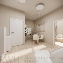 RWH Renovation Without Headache Anna Głąbowska STUDIO - Wizualizacja wnętrza mieszkania w jasnych, neutralnych barwach z okrągłym stołem i białymi krzesłami, widok na biurko z laptopem i rośliną, całość oświetlona ciepłym światłem.