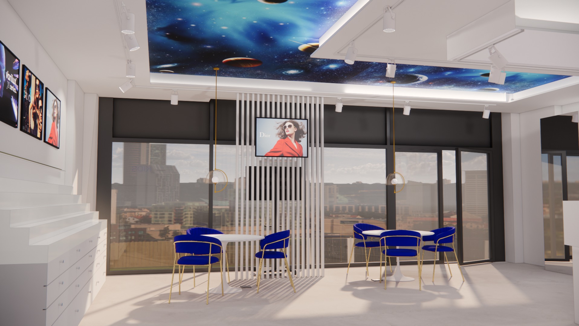 Wnętrze salonu optycznego z motywem kosmicznym na suficie, białymi stolikami i niebieskimi krzesłami, przeszklone okna z widokiem na miasto, pionowe białe lamele dzielące przestrzeń i ekran...