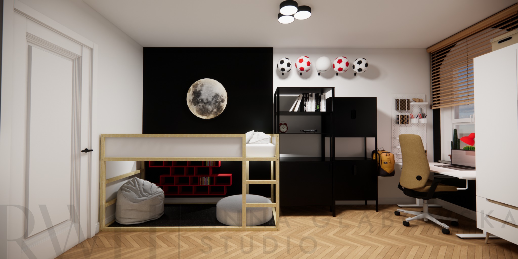 Pokój młodzieżowy z łóżkiem piętrowym z drewnianą ramą, czarną ścianą z naklejką księżyca, czarnym regałem i biurkiem przy oknie z żaluzjami.