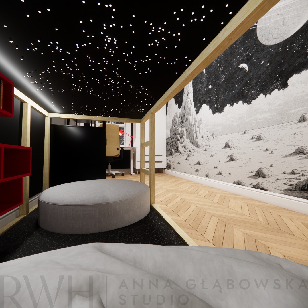 Pokój dziecięcy z łóżkiem na antresoli, czarnym sufitem imitującym gwiaździste niebo, fototapetą z motywem księżycowego krajobrazu i parkietem w jodełkę.