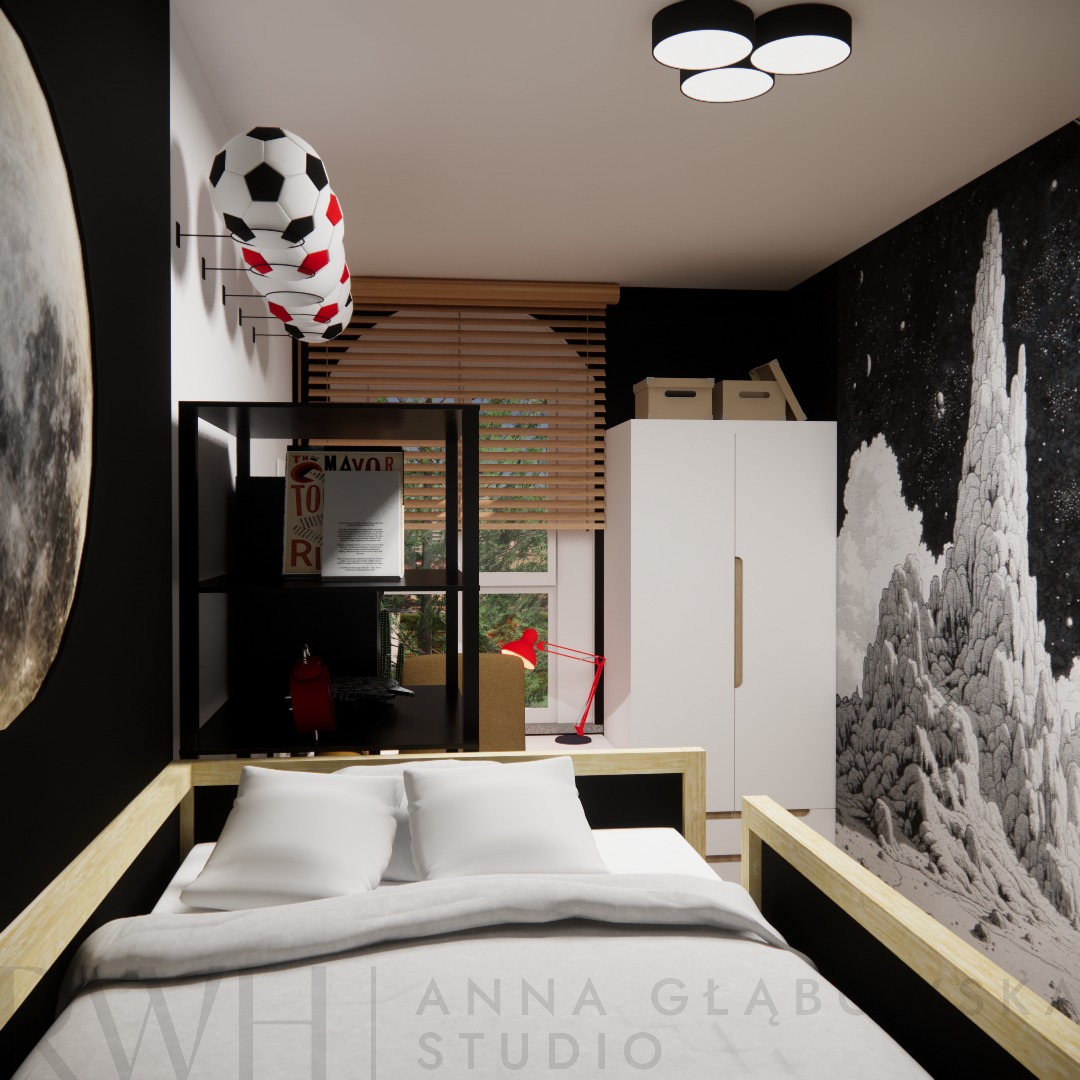 Wizualizacja pokoju młodzieżowego we Wrocławiu z łóżkiem, regałem z książkami, szafą i tapetą w motywie kosmicznym, oświetlonego czerwoną lampką biurkową i lampą sufitową.