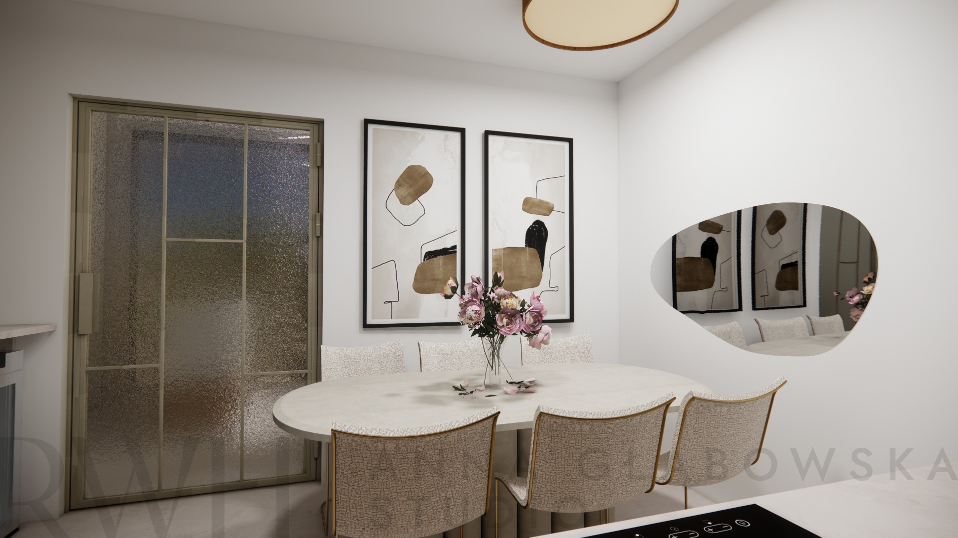Wizualizacja jadalni z owalnym stołem, krzesłami tapicerowanymi w jasnej tkaninie, nowoczesnymi obrazami na ścianie i dekoracyjnym otworem w ścianie odbijającym wnętrze.