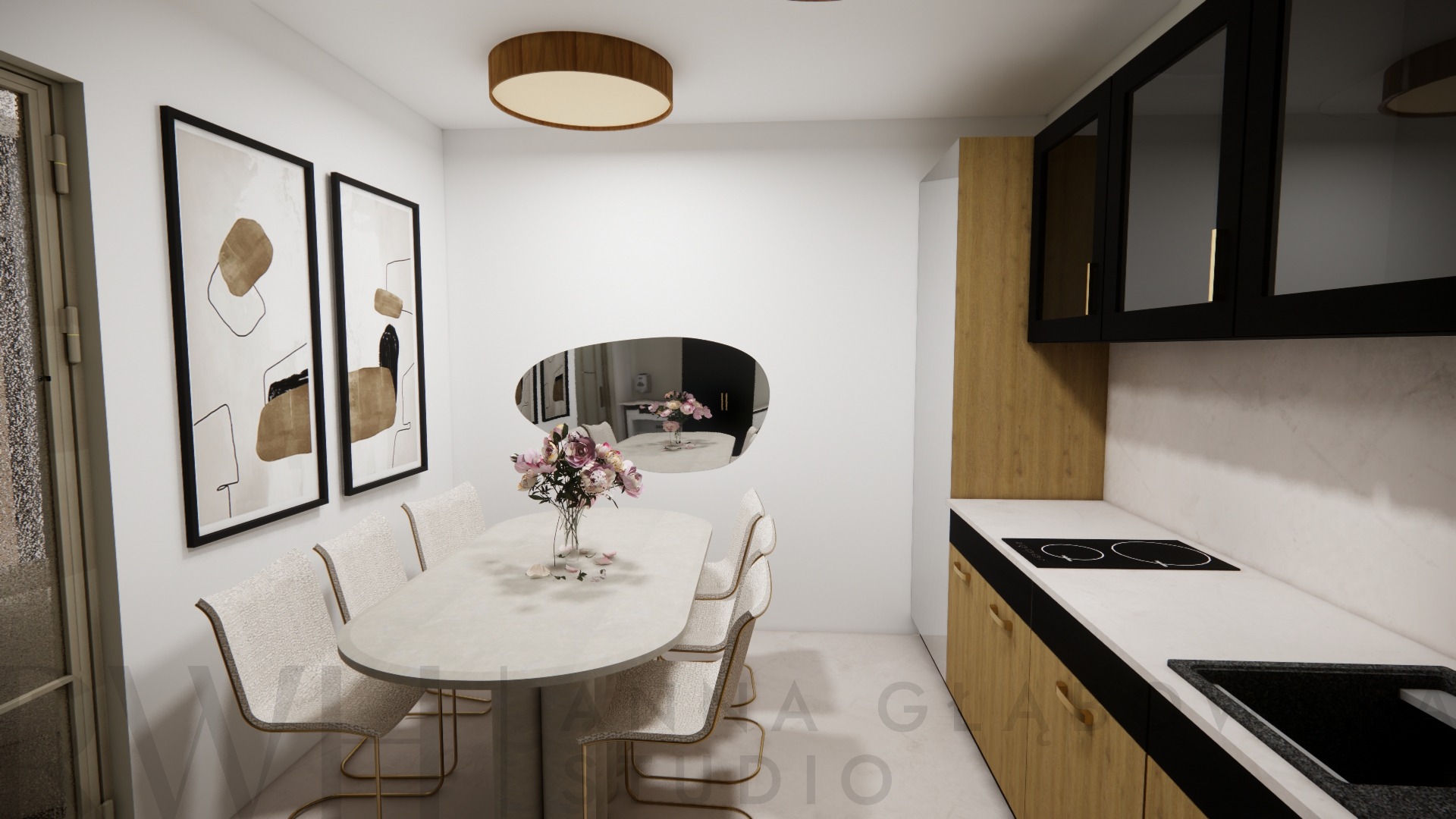 Wizualizacja wnętrza jadalni z aneksem kuchennym: stół z kwiatami, krzesła z jasną tapicerką, abstrakcyjne obrazy na ścianie, kuchnia z drewnianymi frontami i czarnymi szafkami wiszącymi, okrągłe...