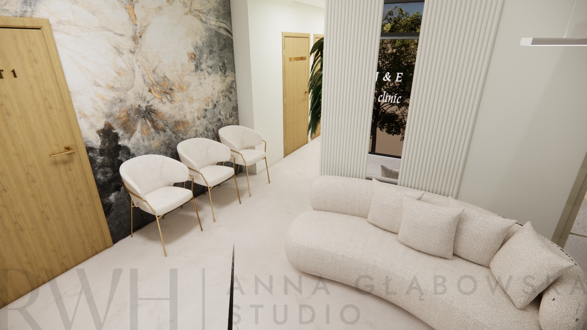 Kremowe fotele z metalowymi nogami ustawione przed ścianą z abstrakcyjnym wzorem w odcieniach szarości i złota w poczekalni z zakrzywioną sofą i widokiem na zieleń za oknem.