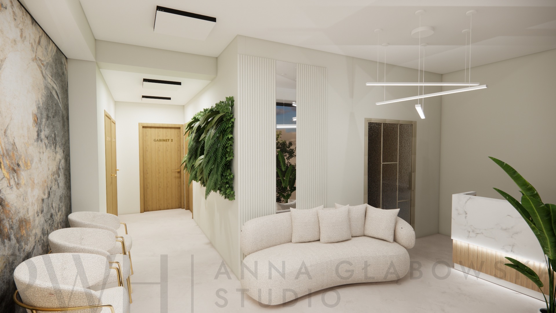 Wizualizacja wnętrza biura z recepcją, sofą w kształcie nerki, zieloną ścianą i krzesłami dla gości w jasnej kolorystyce.