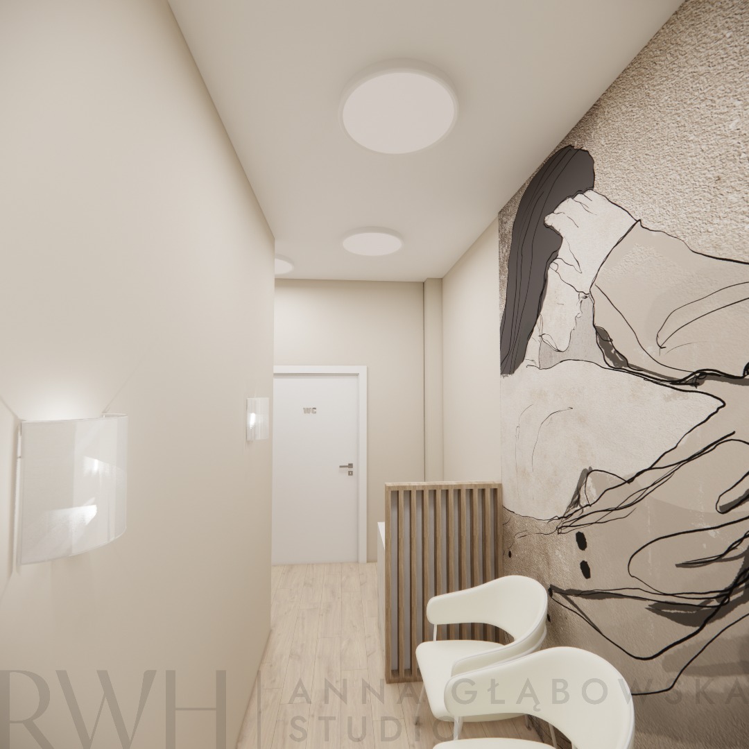 Wizualizacja korytarza łazienkowego z artystyczną tapetą w odcieniach beżu i szarości, podświetlanymi kinkietami i białymi krzesłami.