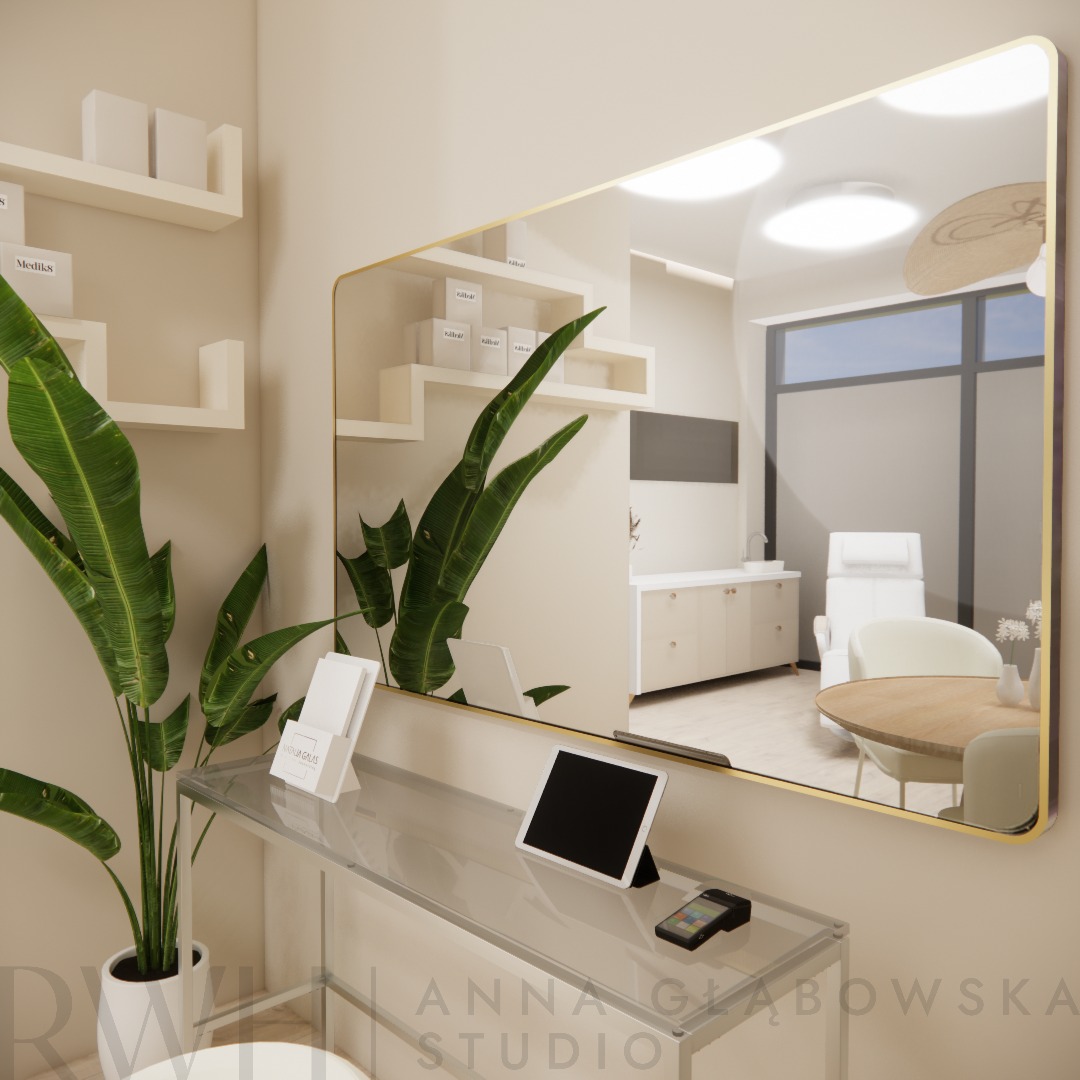 Wizualizacja wnętrza gabinetu kosmetycznego z lustrem, w którym odbija się fotel zabiegowy, stolik i szafki, na pierwszym planie roślina doniczkowa i tablet na przezroczystym stoliku.