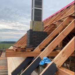 Ihor Kadynskyi - Wznoszenie komina z czarnej cegły klinkierowej na drewnianej konstrukcji dachu z widoczną membraną w kolorze różowym, w tle krajobraz wiejski pod pochmurnym niebem.