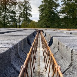 Ihor Kadynskyi - Szare bloczki fundamentowe ułożone rzędami z widocznym zbrojeniem w szczelinie, drzewa w tle.