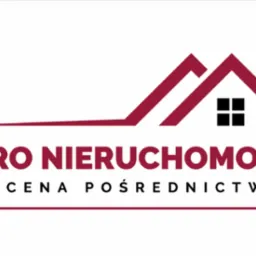 Logo firmy AWRO NIERUCHOMOŚCI, oferującej wycenę i pośrednictwo, z graficznym symbolem domu w kolorze bordowym na białym tle.