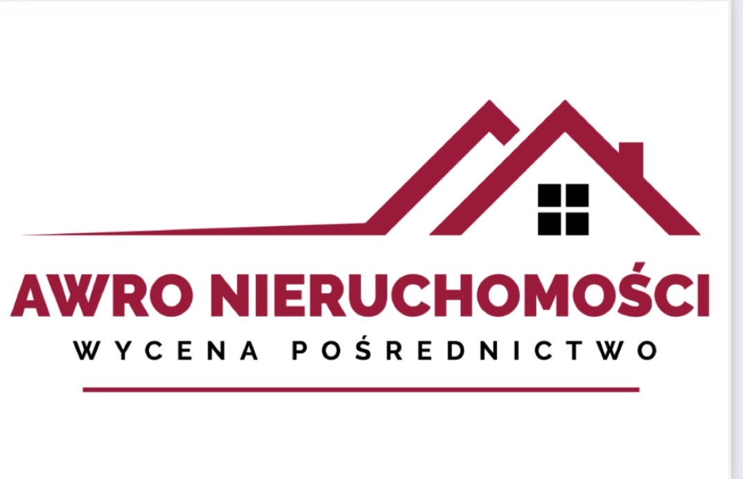 Logo firmy AWRO NIERUCHOMOŚCI, oferującej wycenę i pośrednictwo, z graficznym symbolem domu w kolorze bordowym na białym tle.