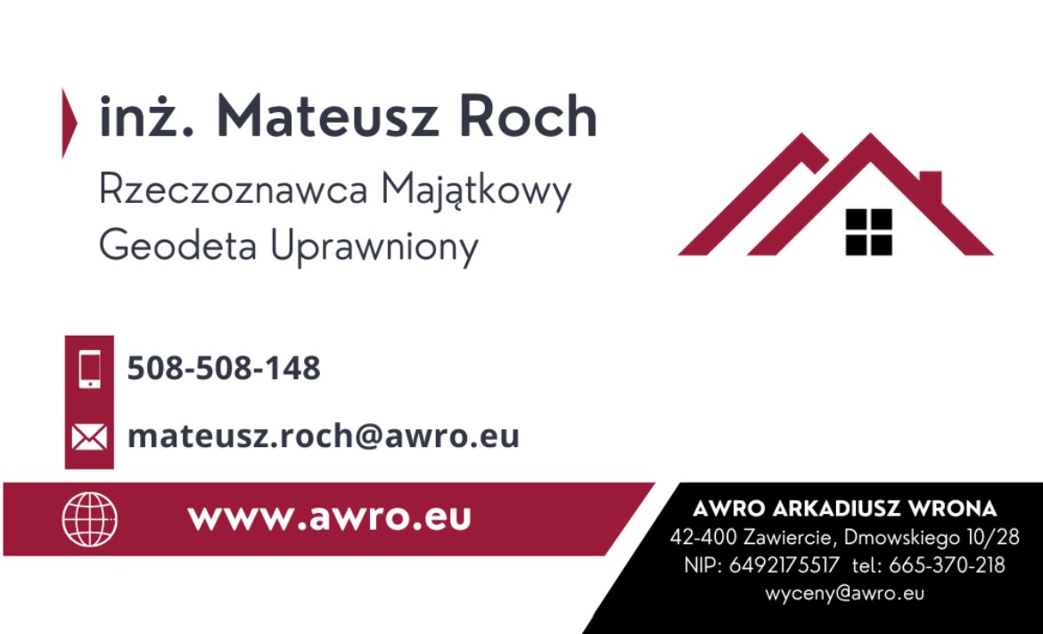Wizytówka inżyniera Mateusza Rocha, rzeczoznawcy majątkowego i geodety uprawnionego, z danymi kontaktowymi i logo firmy w postaci uproszczonego rysunku domu.
