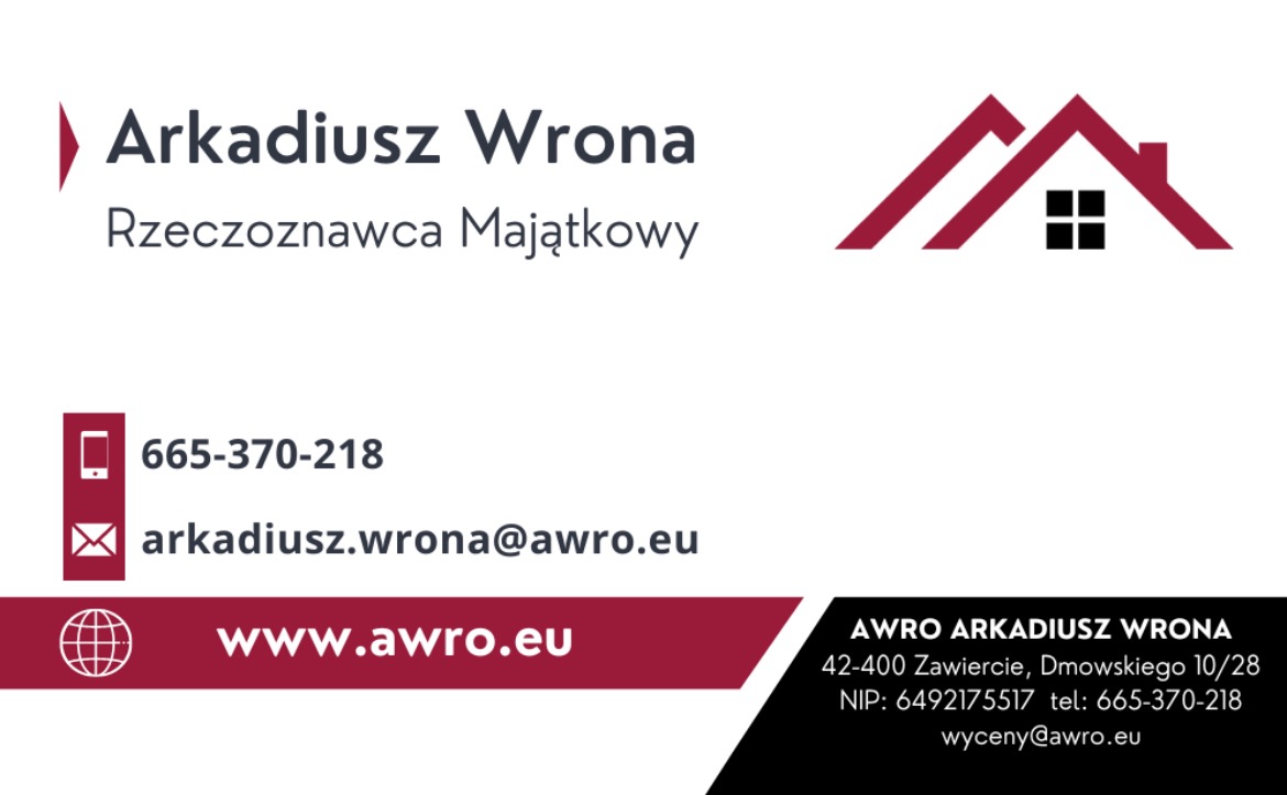 Wizytówka Arkadiusza Wrony, rzeczoznawcy majątkowego, z danymi kontaktowymi, logiem firmy w postaci uproszczonego schematu domu z czerwonym dachem i czarnymi oknami.
