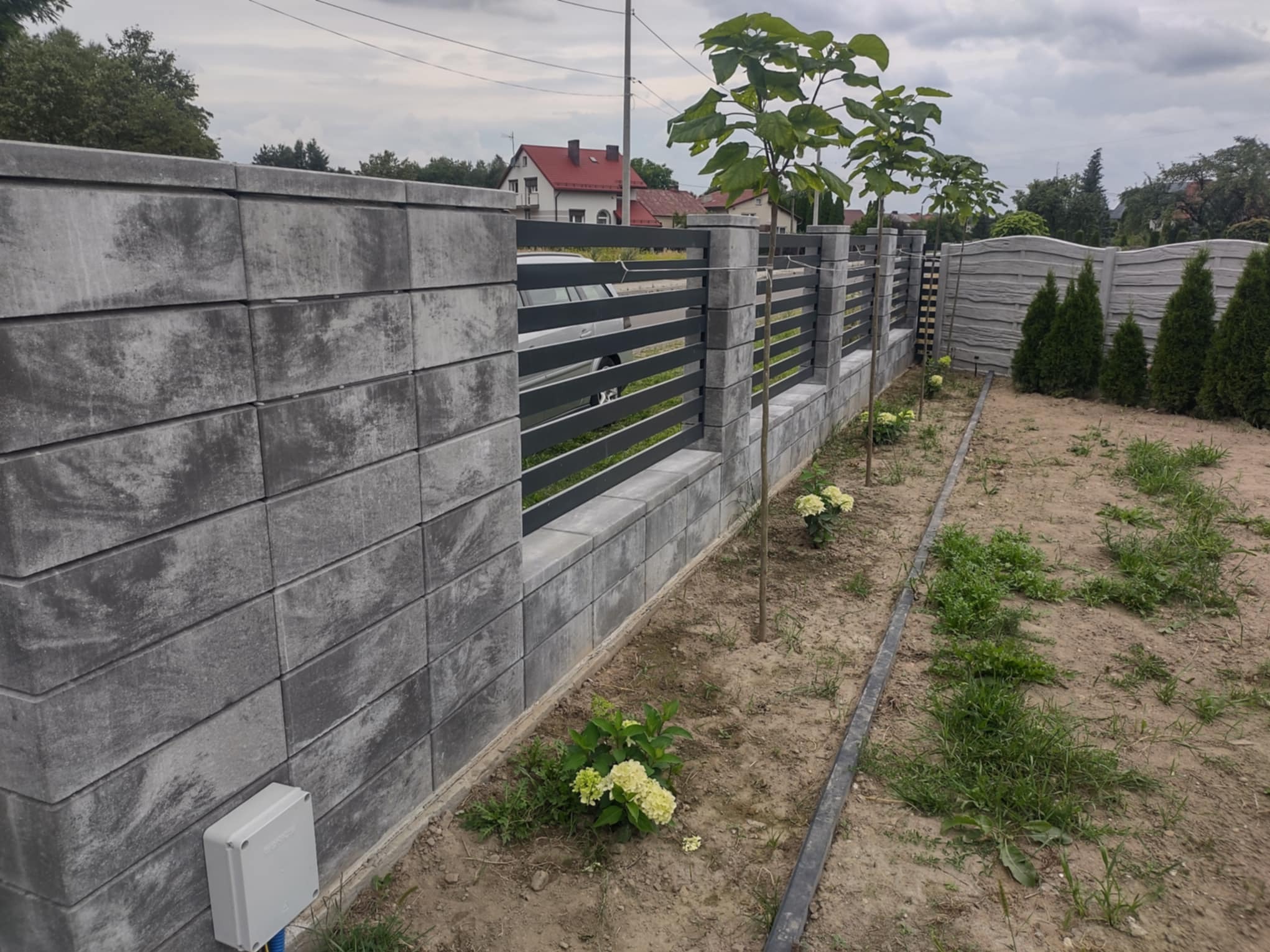 Nowoczesne ogrodzenie z szarego betonu z poziomymi, metalowymi przęsłami, oddzielające posesję. Widoczne młode drzewka i krzewy hortensji wzdłuż ogrodzenia.