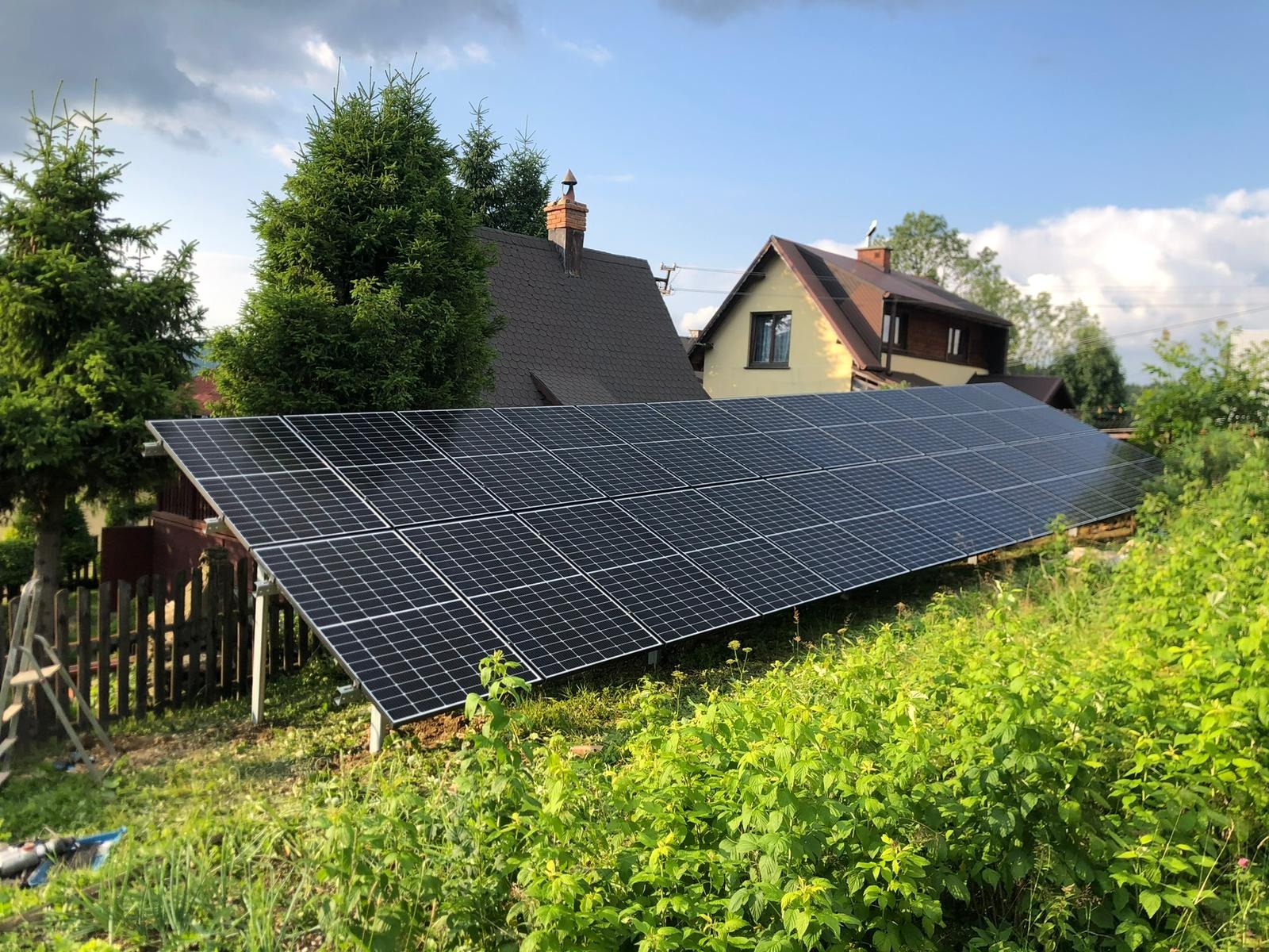 Rząd paneli słonecznych na tle dwóch domów z brązowymi dachami, widoczny fragment drabiny i bujna roślinność na pierwszym planie.