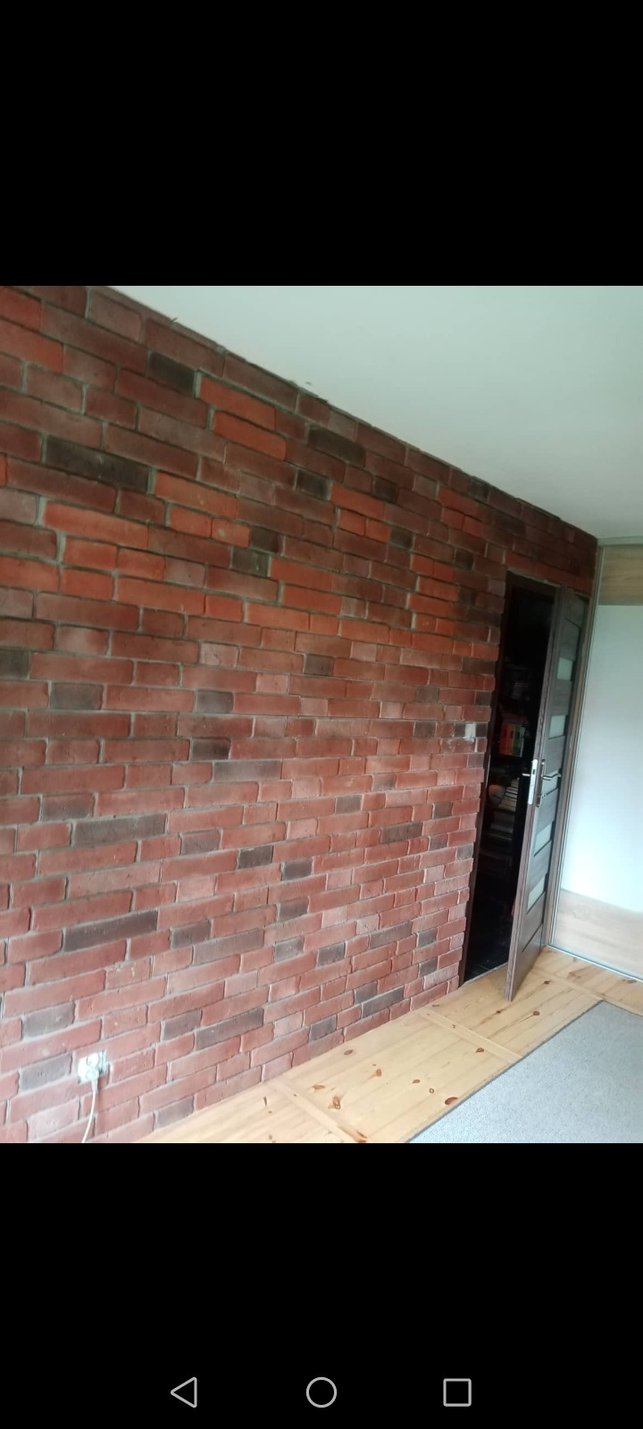 Ściana z czerwonej cegły wewnątrz pomieszczenia, z widocznym gniazdkiem elektrycznym i częściowo widoczną podłogą z jasnego drewna i dywanikiem, obok ciemnych drzwi.