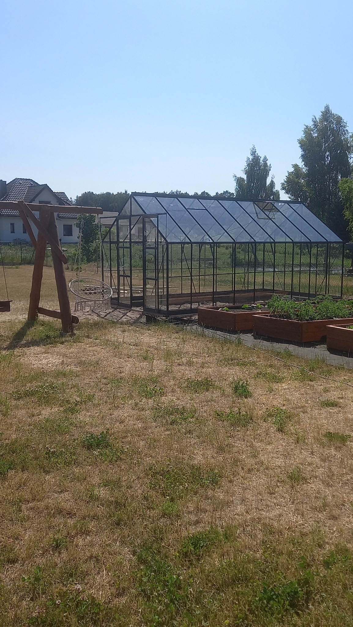 Szklarnia z metalową konstrukcją na trawiastym terenie, obok drewniana huśtawka i podwyższone grządki z sadzonkami.