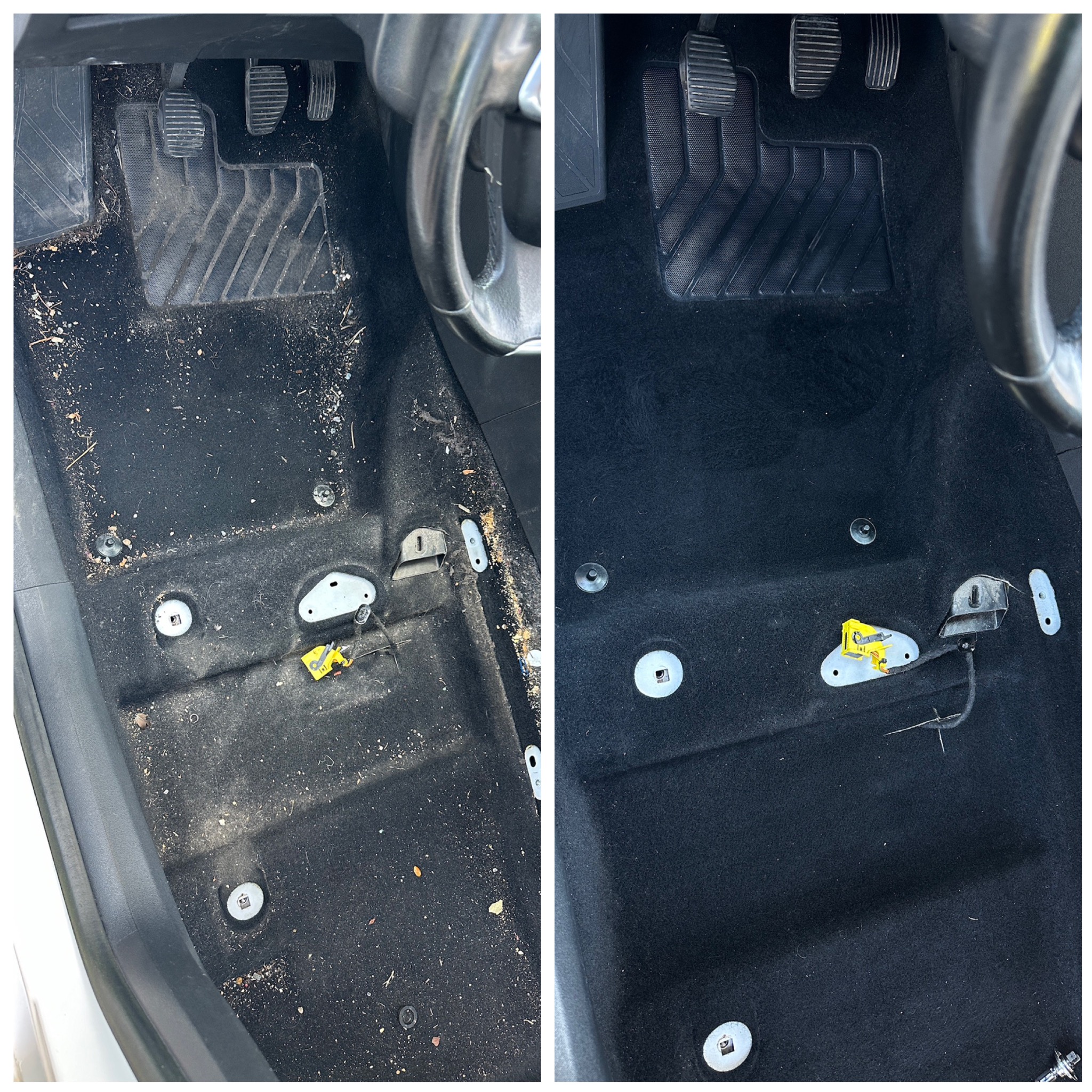 Porównanie stanu podłogi samochodu przed i po czyszczeniu, widoczne różnice w czystości dywaników i tapicerki.