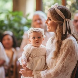 ZoomArt - Matka trzymająca na rękach niemowlę ubrane w białą, koronkową sukienkę i opaskę z kwiatami na głowie. W tle widoczne inne osoby.
