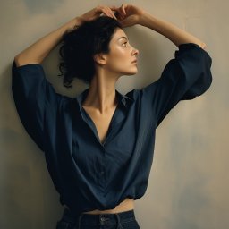 ZoomArt - Portret kobiety w granatowej koszuli i dżinsach, opierającej się o ścianę z rękami uniesionymi nad głową, patrzącej w lewo, z delikatnym oświetleniem bocznym.