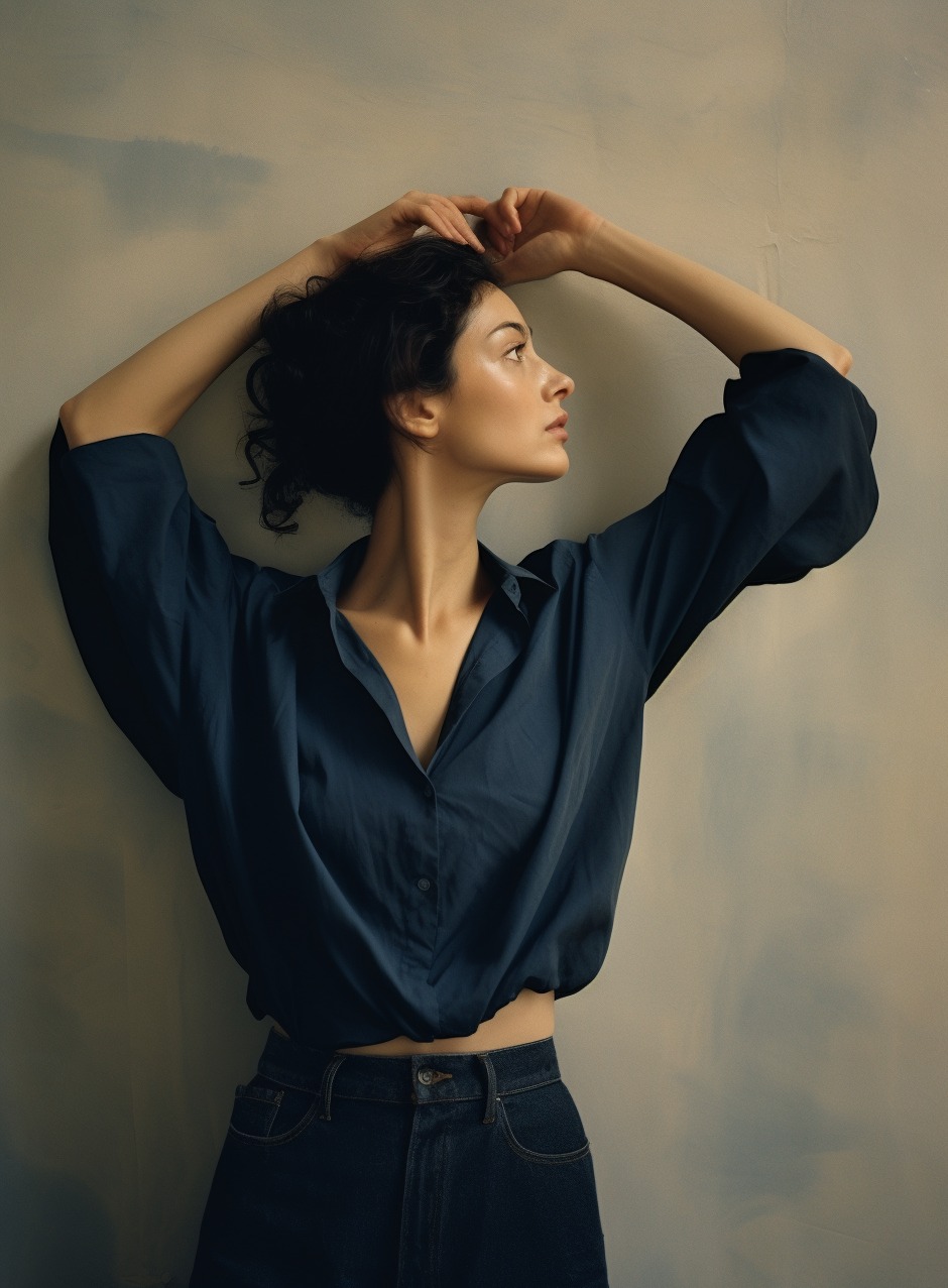 Portret kobiety w granatowej koszuli i dżinsach, opierającej się o ścianę z rękami uniesionymi nad głową, patrzącej w lewo, z delikatnym oświetleniem bocznym.