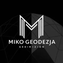 Logo firmy MIKO GEODEZJA na czarnym tle z geometrycznym wzorem sfery.