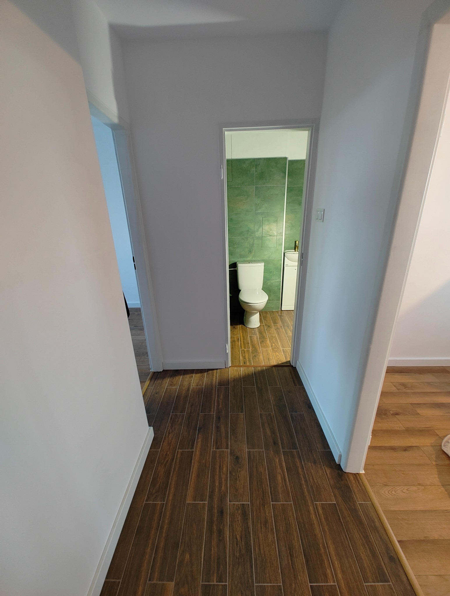 Korytarz z brązowymi płytkami imitującymi drewno prowadzący do łazienki z zielonymi płytkami i białą toaletą oraz umywalką.