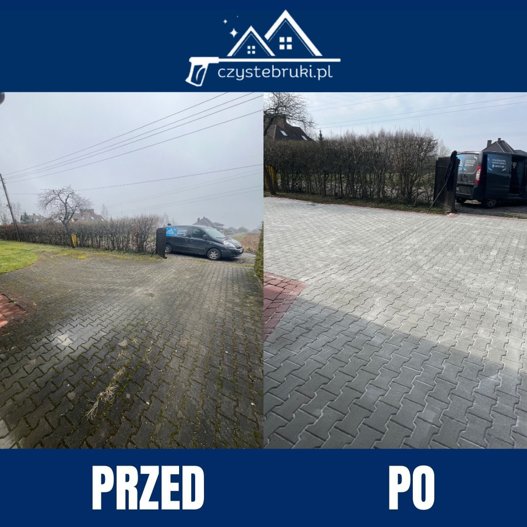 Porównanie kostki brukowej przed i po czyszczeniu: po lewej stronie zaniedbana, porośnięta mchem, po prawej świeżo umyta, z widoczną strukturą i kolorem. W tle zaparkowany samochód dostawczy z logo...